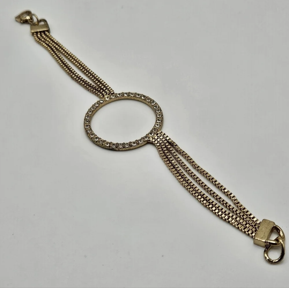 VINTAGE Rhinestone Circle Multi Strand Gold Tone Heart Clasp Bracelet